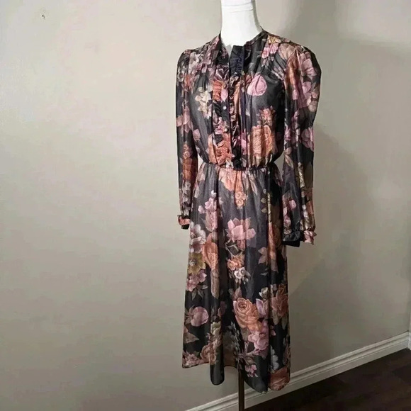 Vintage Floral Sheer Midi Dress Smocked Waist Puff Sleeves - Picture 3 of 8